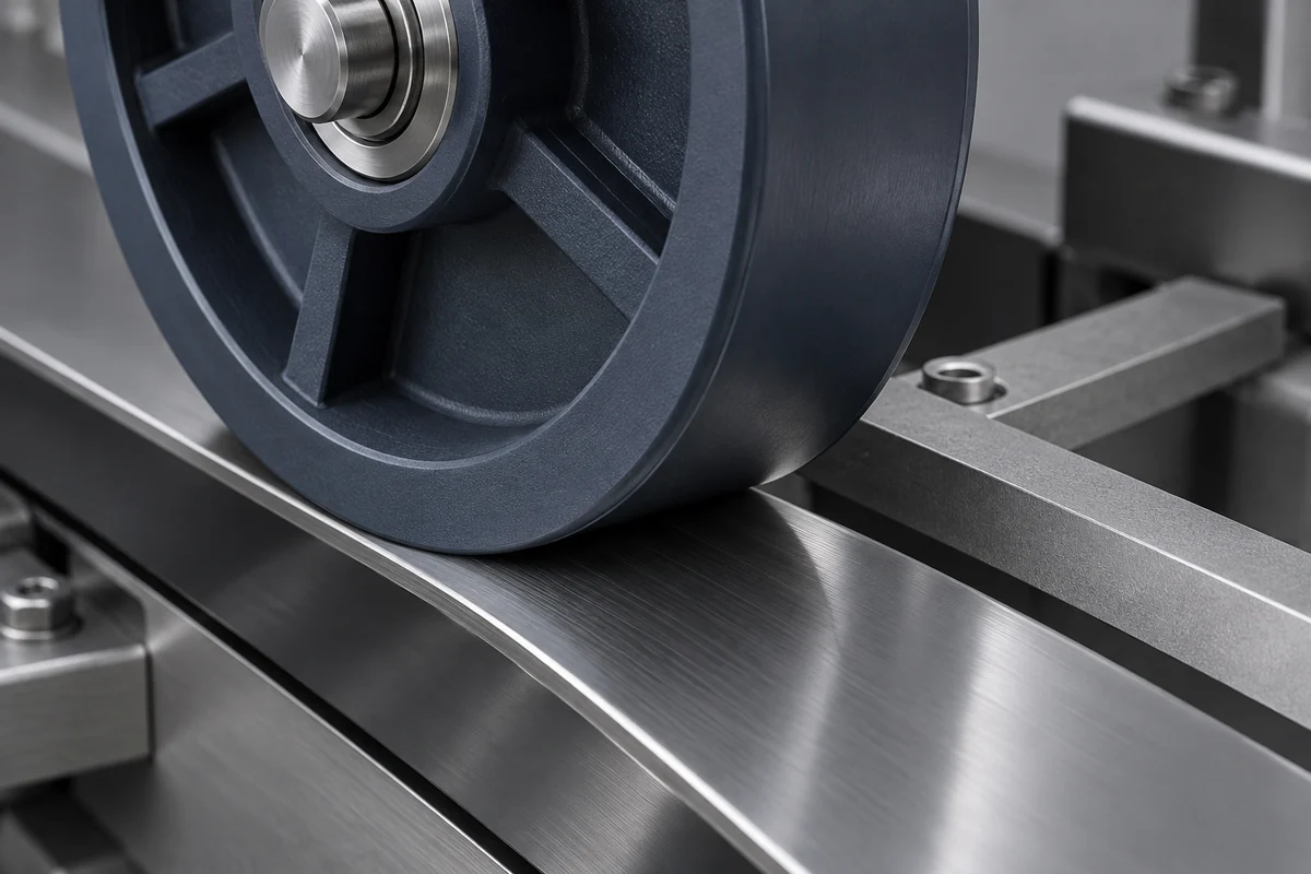 Polymer tread in contact with a smooth steel strip on a static fixture