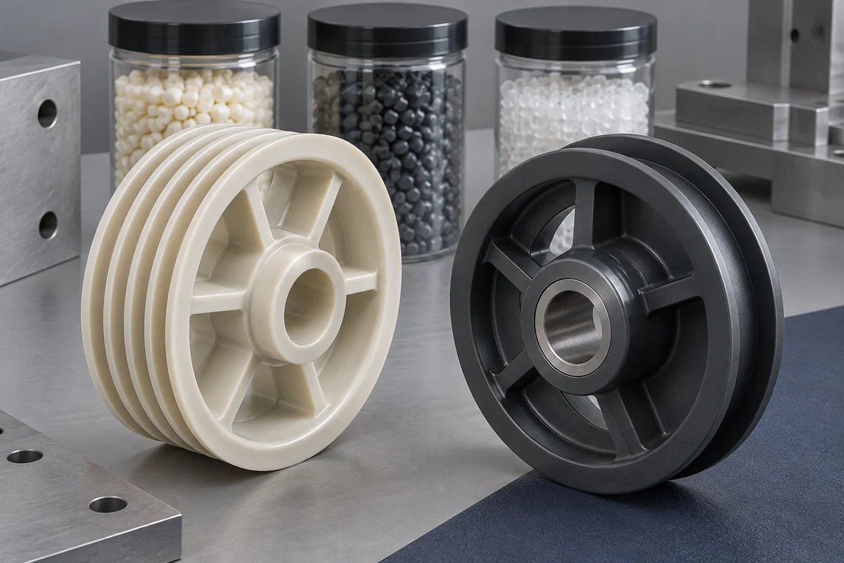 Unmarked resin sample jars behind two differently shaped molded pulley prototypes