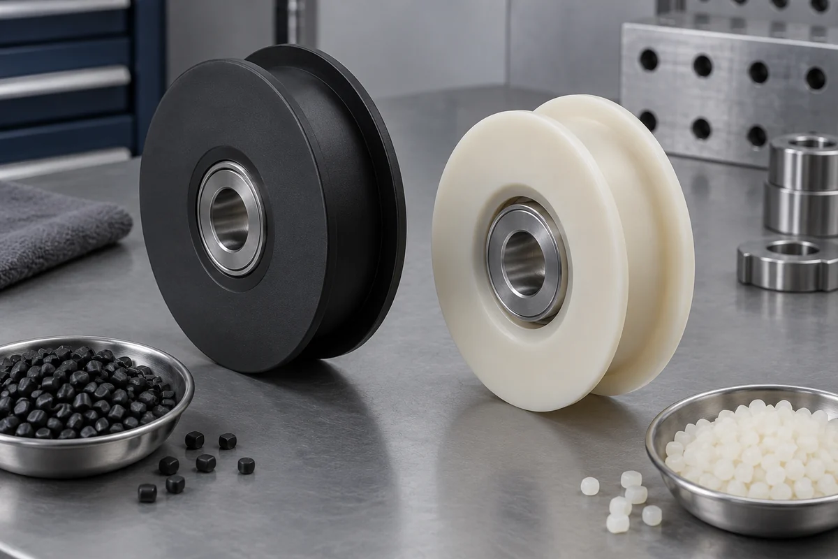 Dark and ivory pulley design examples beside unmarked resin samples