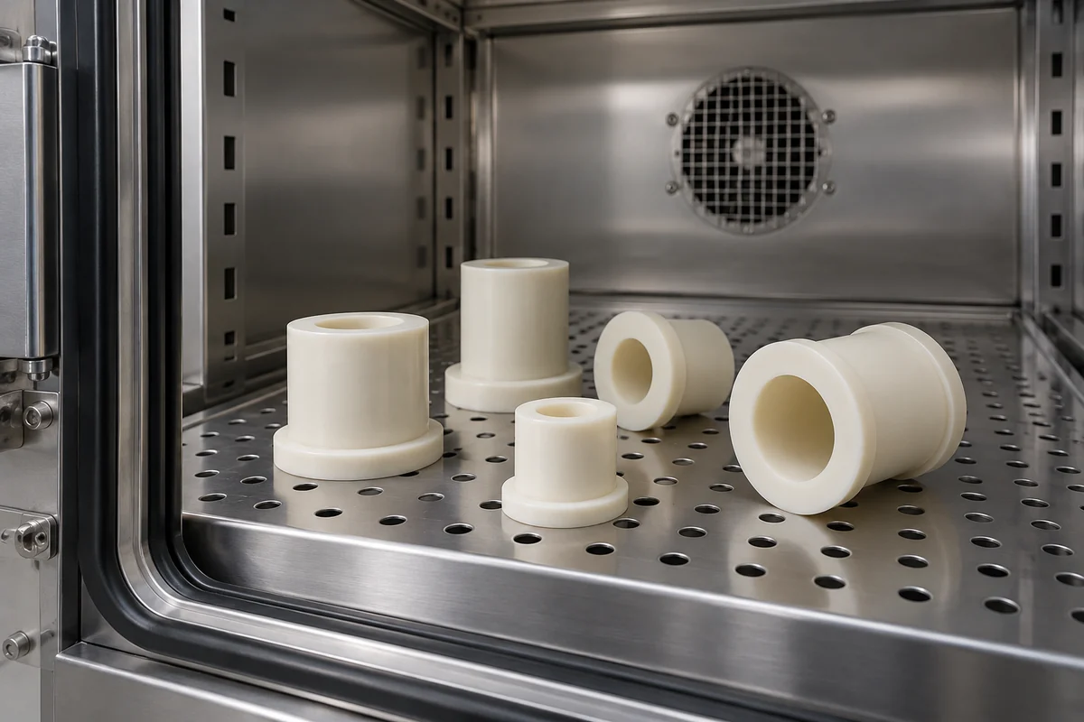 Ivory spacer samples on a perforated tray inside an open conditioning chamber