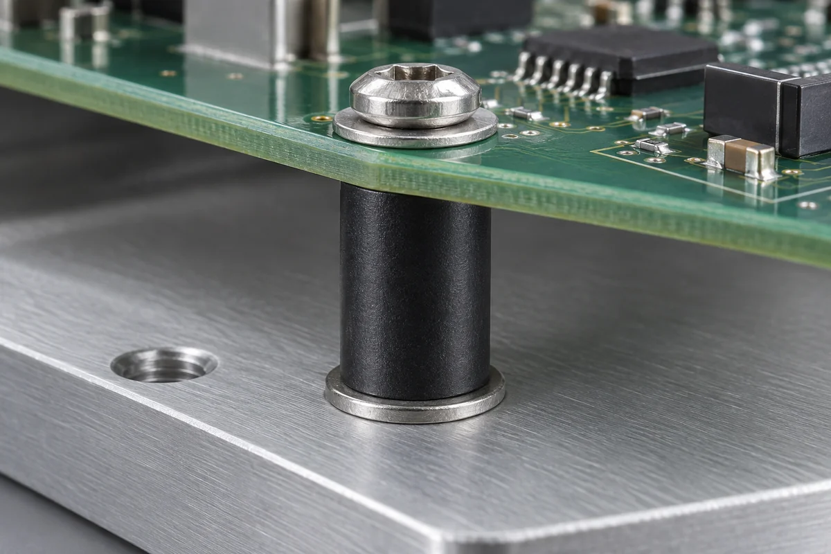 Black cylindrical spacer supporting a circuit board above an aluminum plate at a screw location