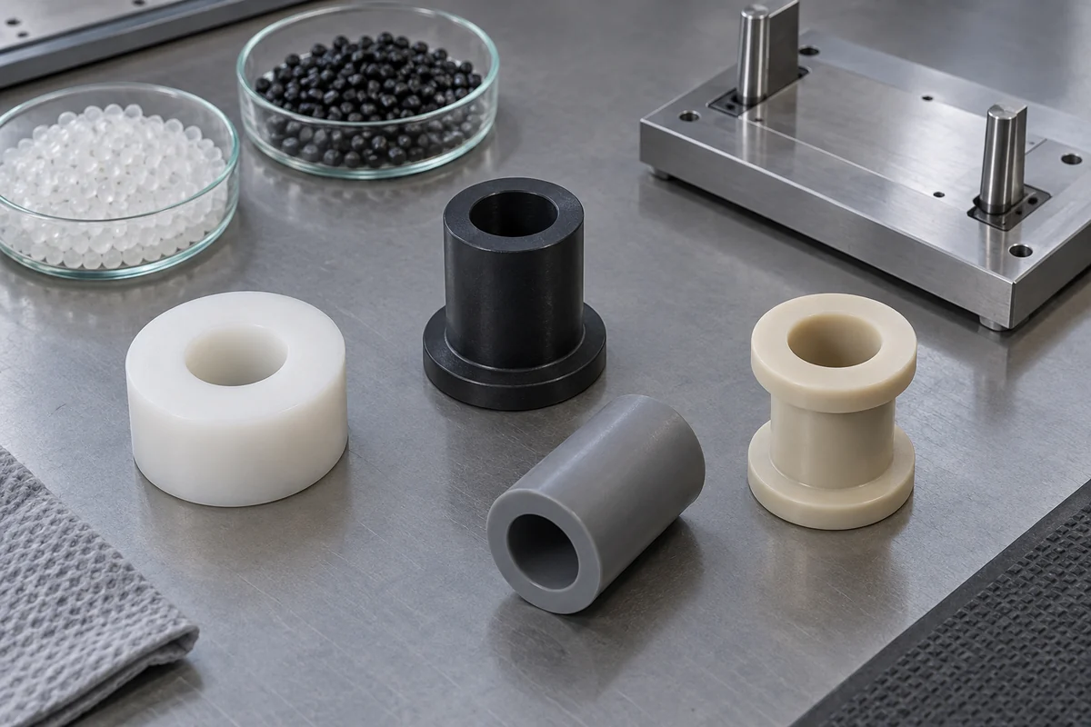 Several different molded spacer forms beside unlabelled resin dishes and a contact-face fixture