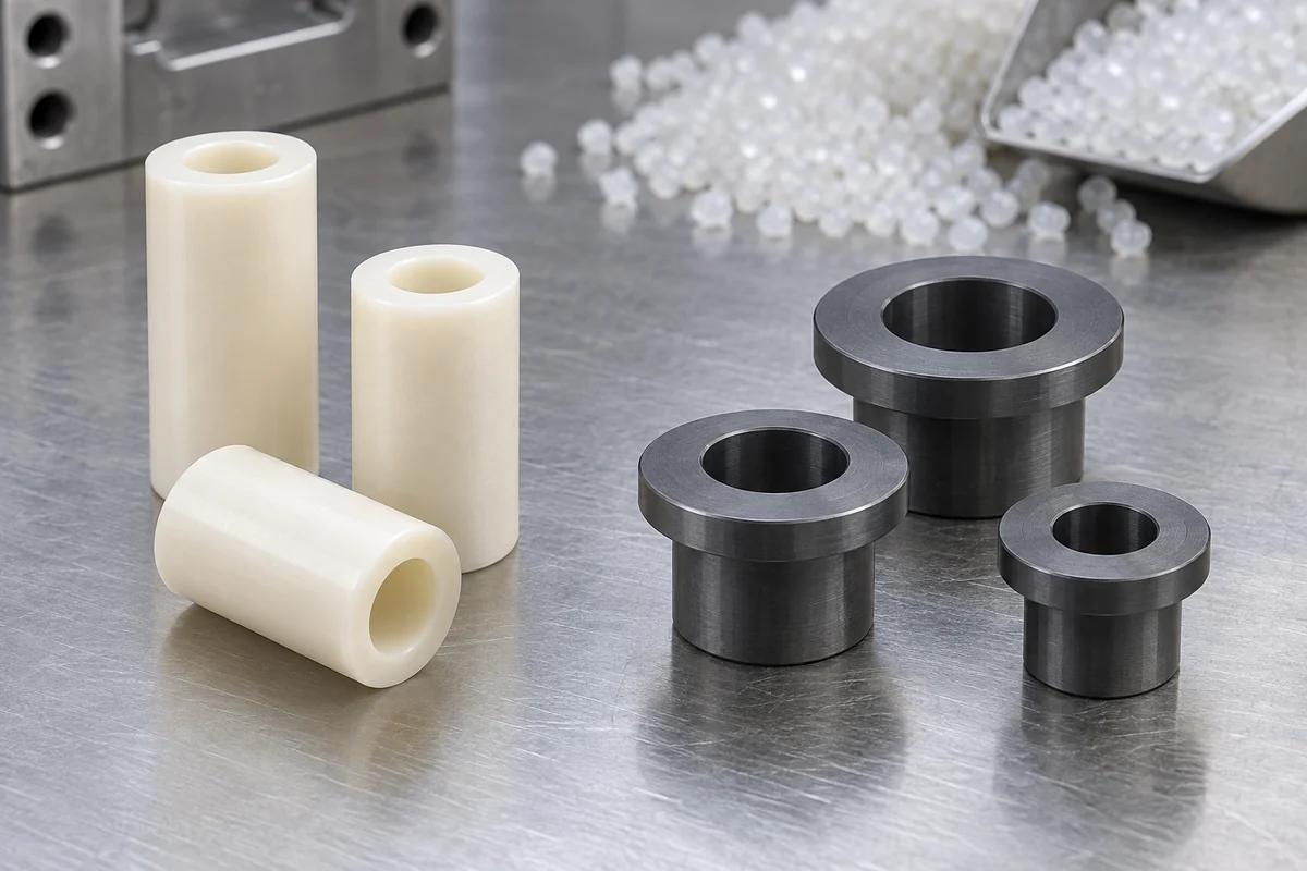 Ivory and graphite through-bore spacer design examples arranged in two groups on an industrial bench