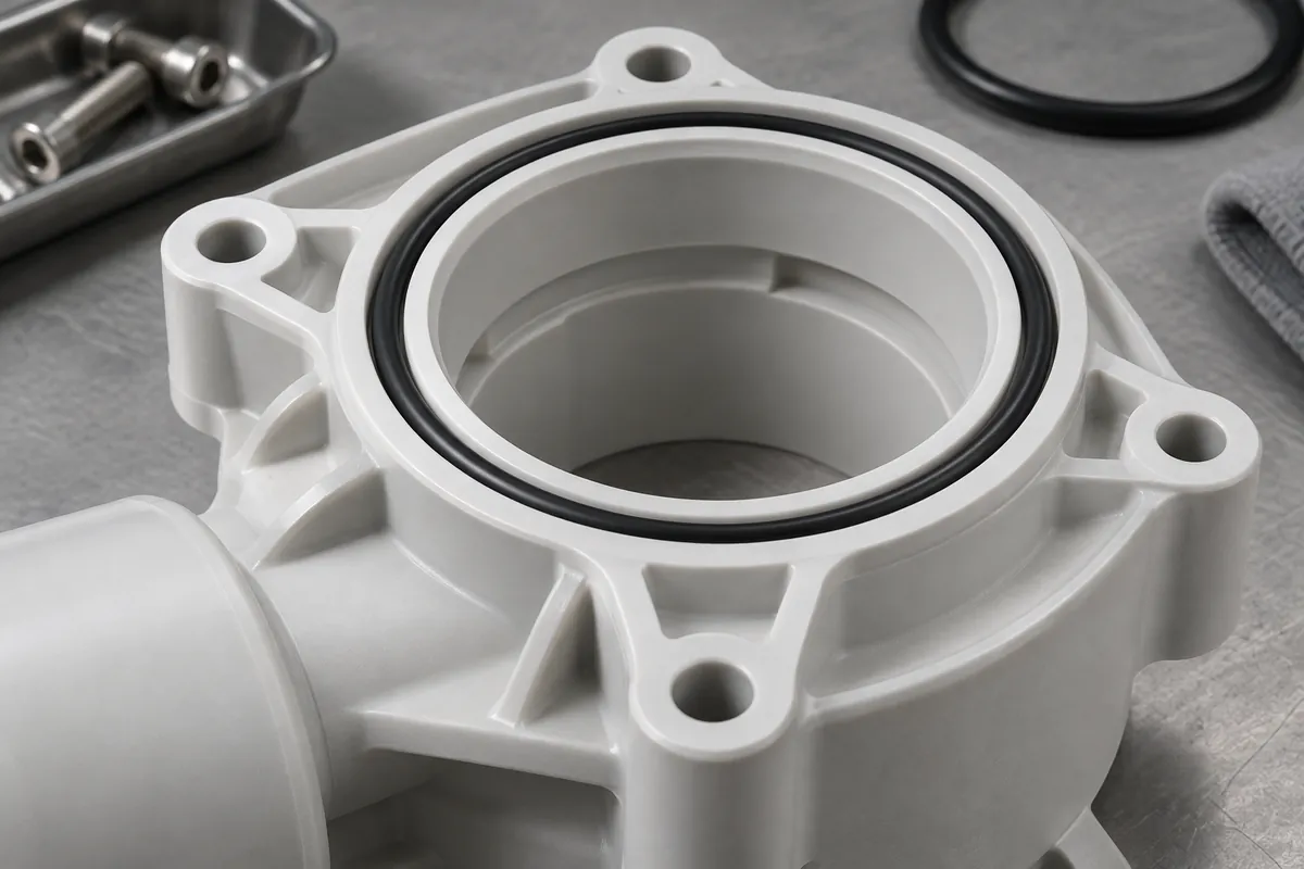 Macro cross section of static face-seal groove in plastic housing flange