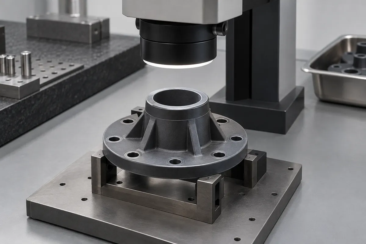 Molded flange supported beneath unmarked optical inspection instrument