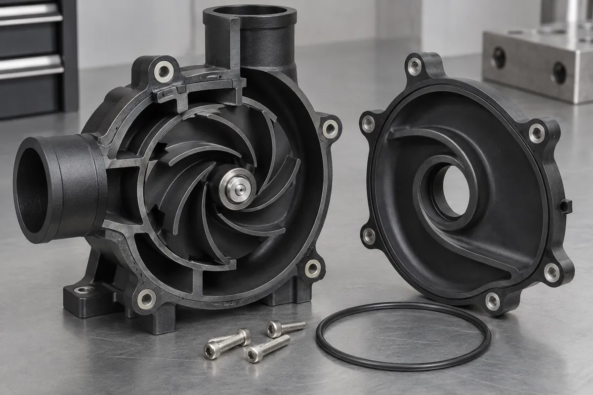 Sectioned closed impeller exposing enclosed curved passages