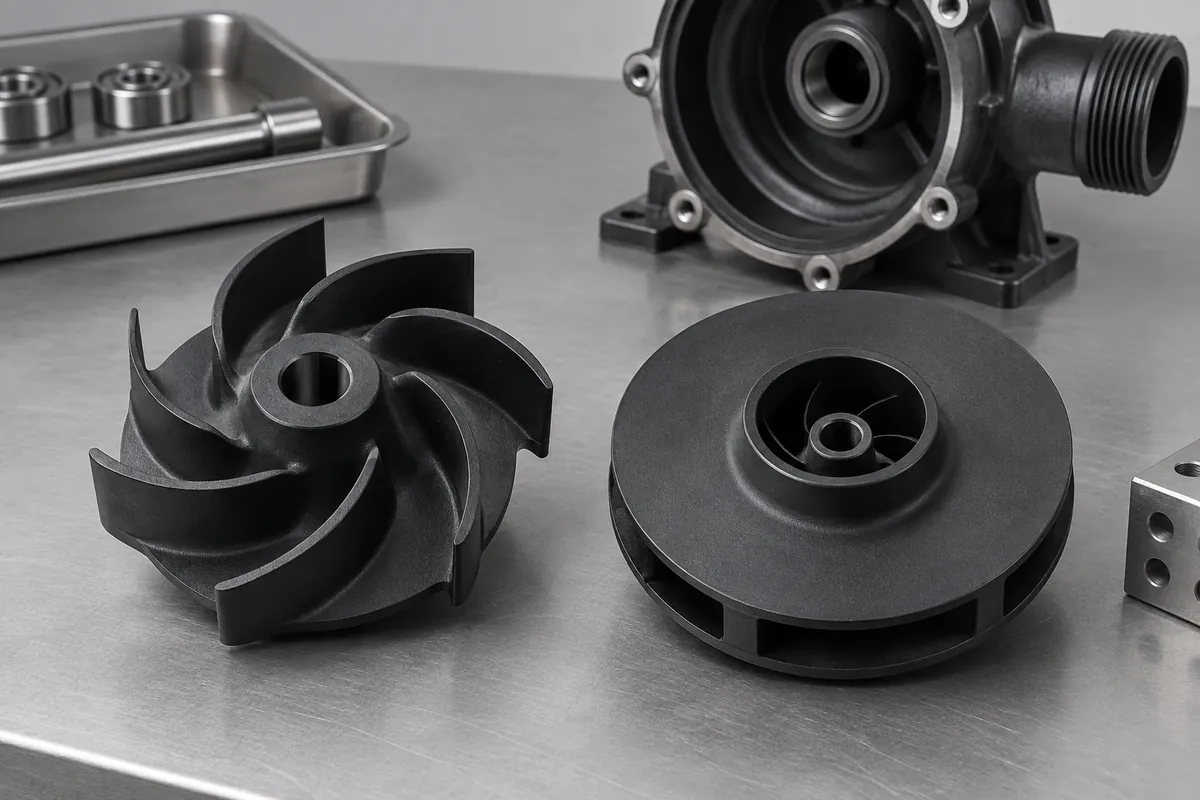 Open bladed impeller beside closed shrouded polymer impeller