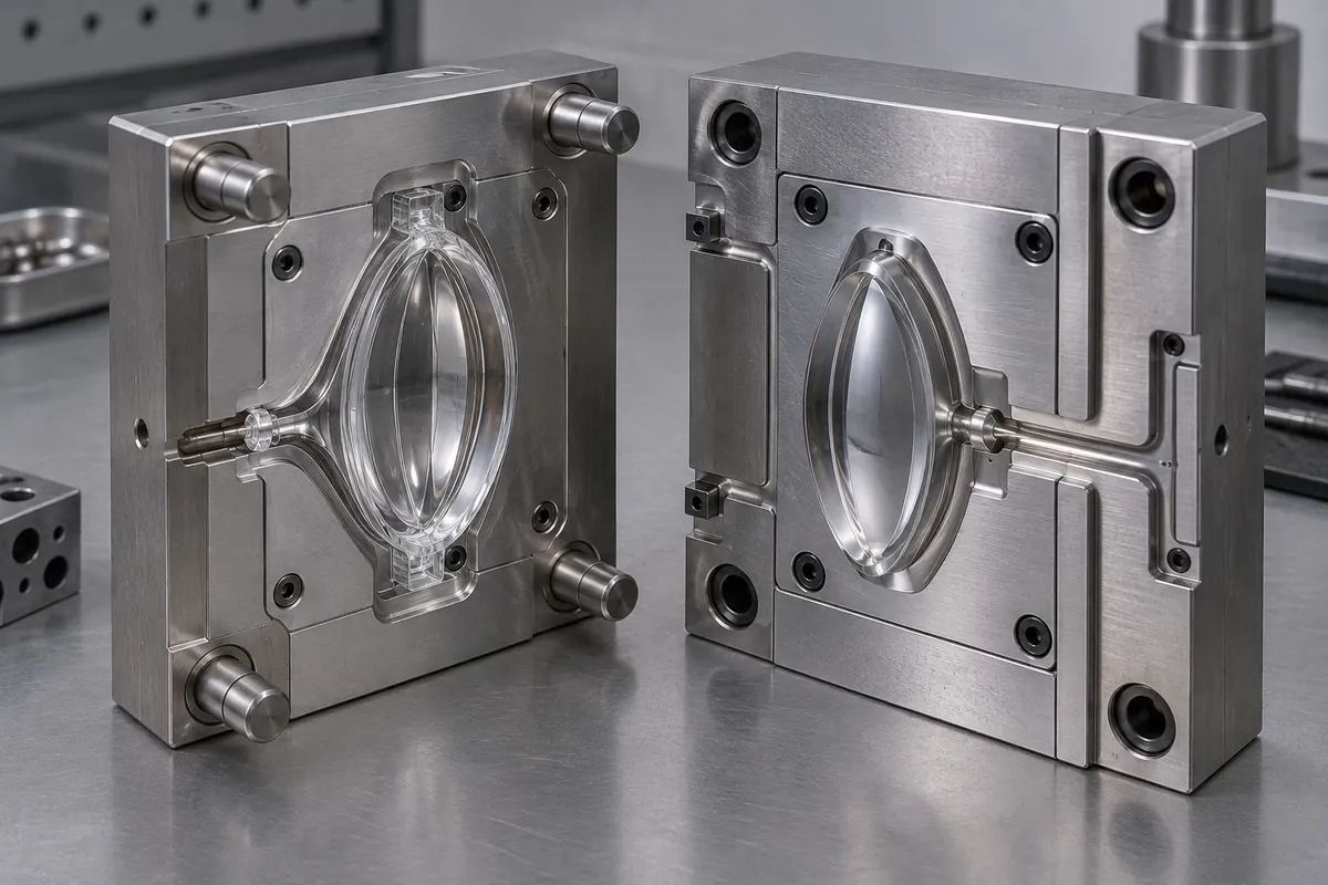 Sectioned mold insert showing optical cavity and edge feeding path