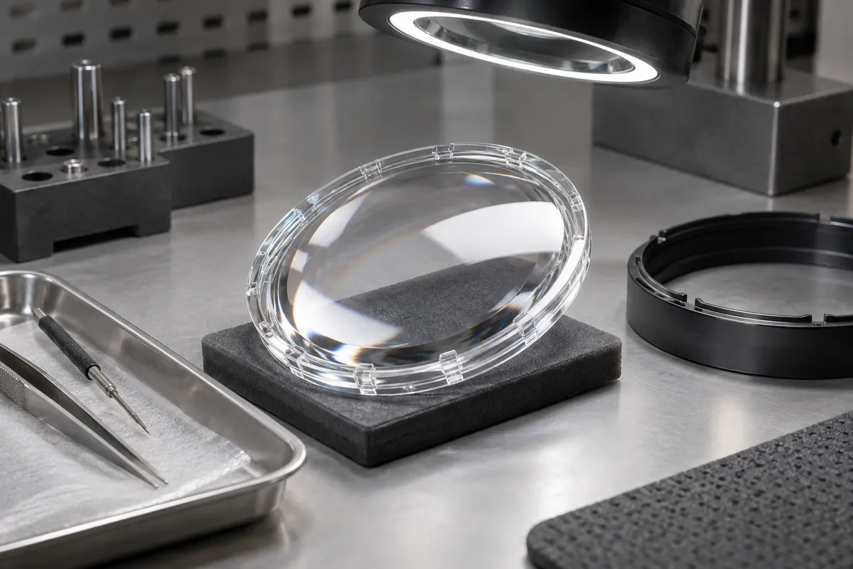 Transparent lens rim and parting interface under inspection lighting