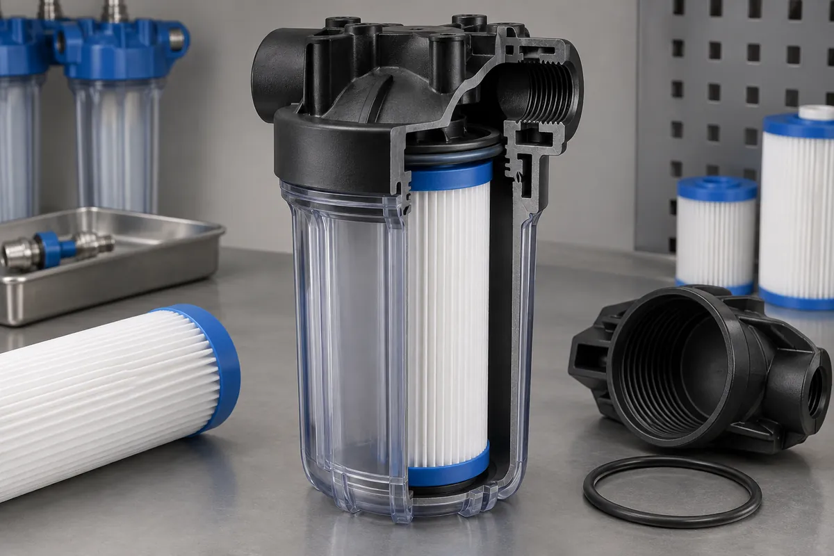 Sectioned filter housing wall and reinforced threaded port