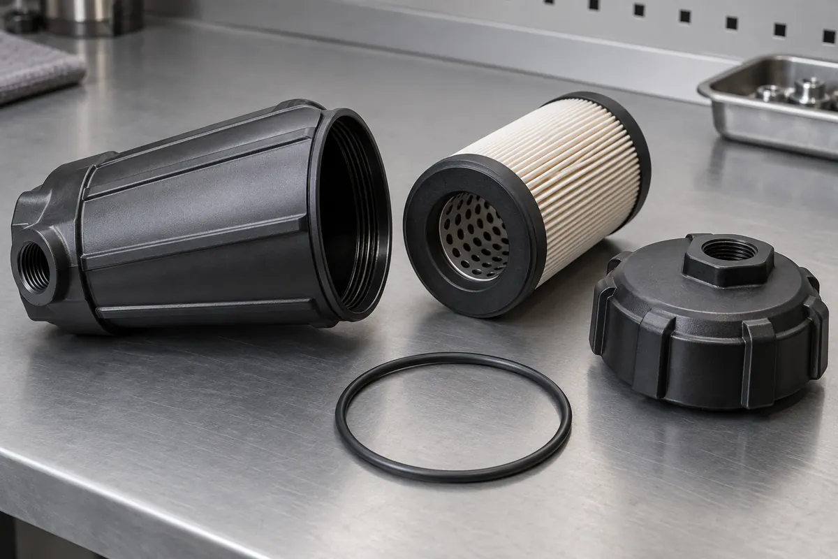 Disassembled filter body, cap and separate elastomer O-ring