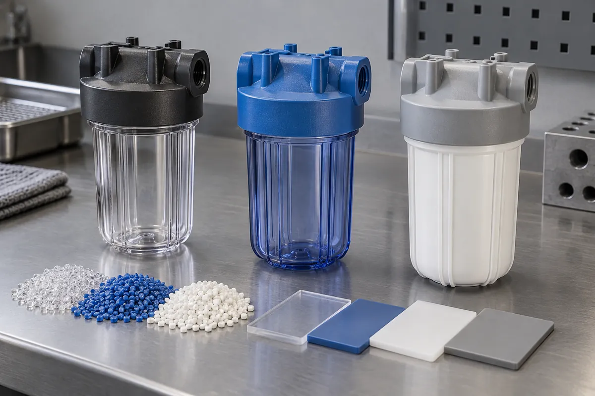 Three molded polymer filter bowls and caps with unmarked material samples