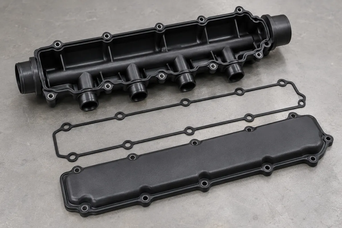 Open molded manifold base with its lid and separate gasket arranged to show the supply boundary