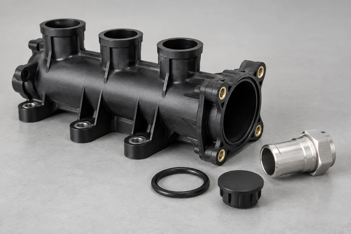 Molded fluid manifold beside a separate metal fitting, seal and blanking plug