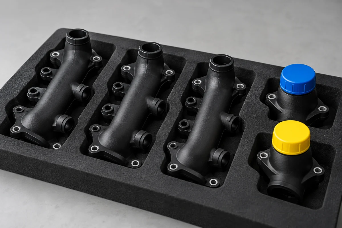 Individual molded manifold samples held separately in a protective shipping tray
