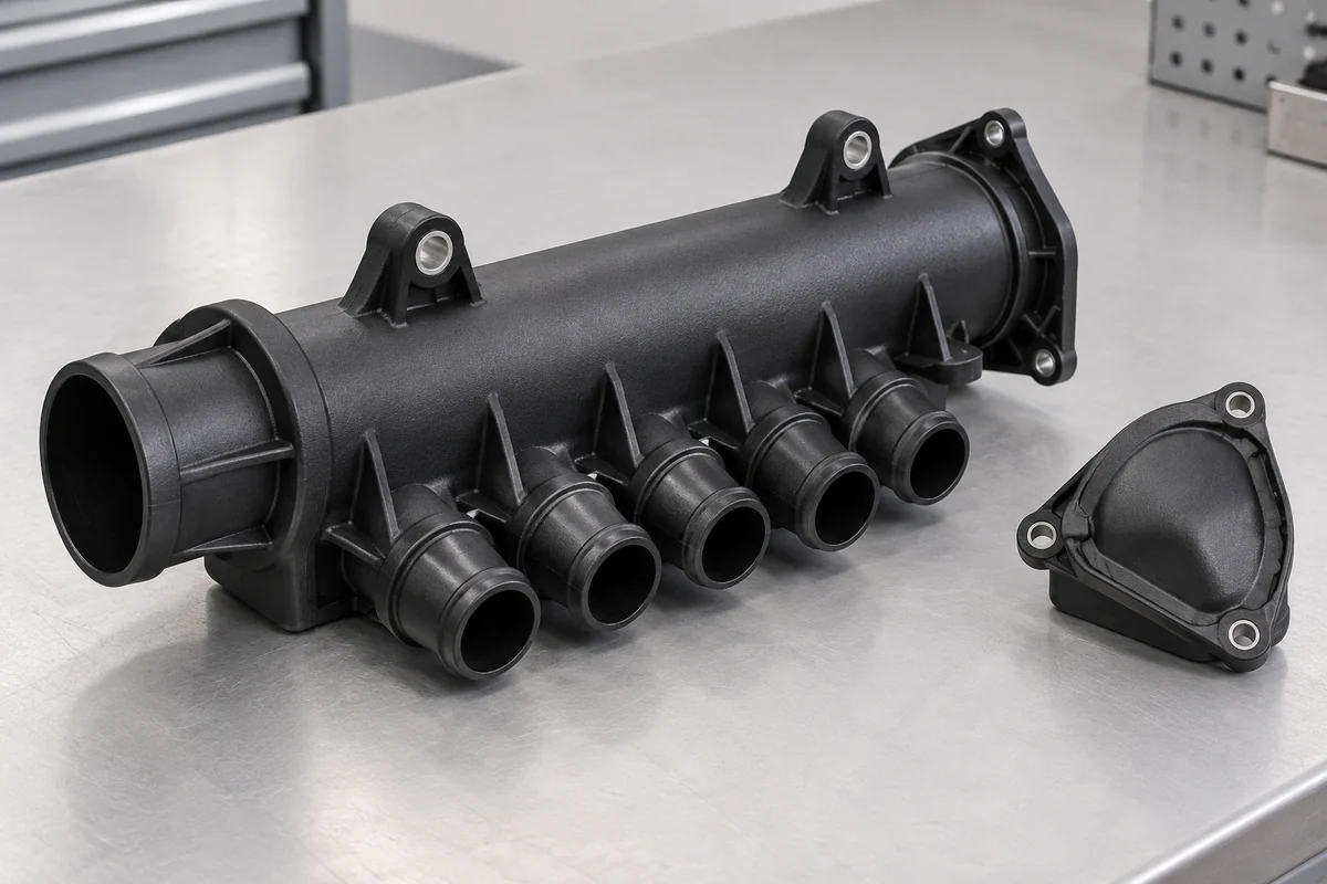 Black molded fluid manifold with rounded branch ports and a separate end cap on an inspection bench