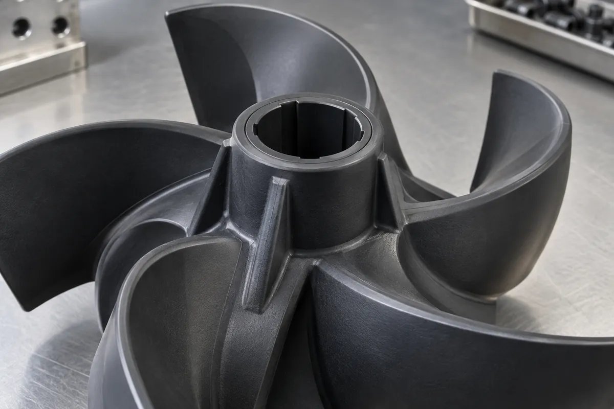 Polymer impeller hub and blade roots close up