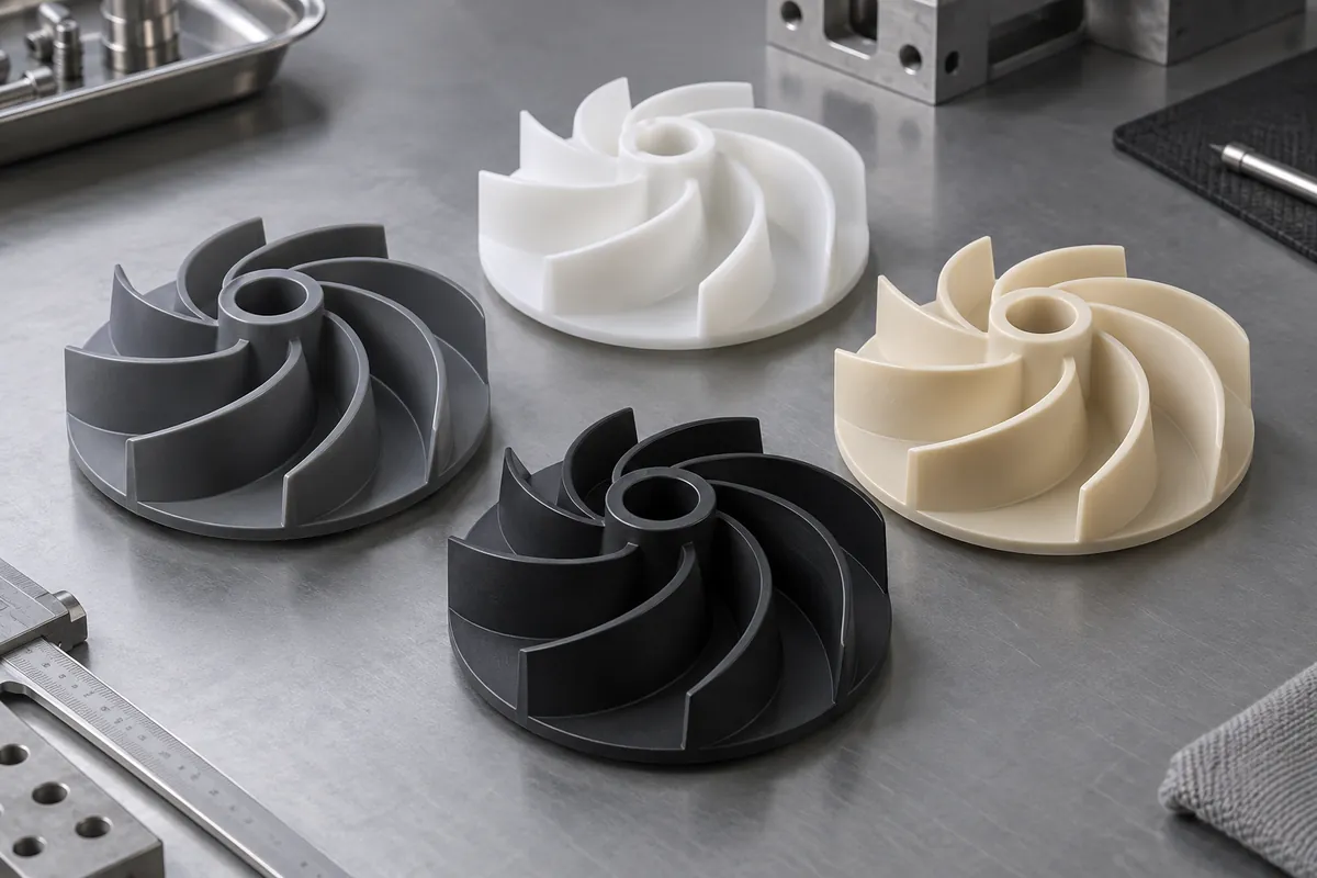 Four unmarked polymer impellers in natural white, dark gray, black and beige