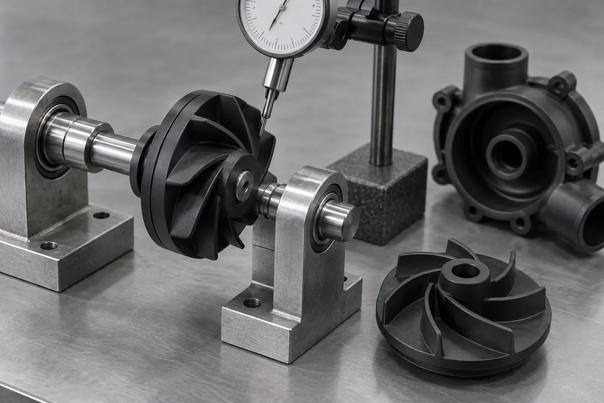Dial probe lightly contacting impeller end face on supported shaft
