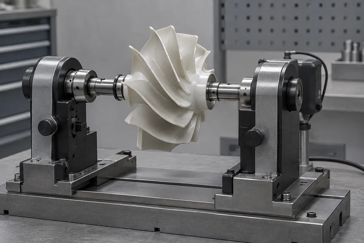Polymer impeller mounted between supports on unmarked balancing rig