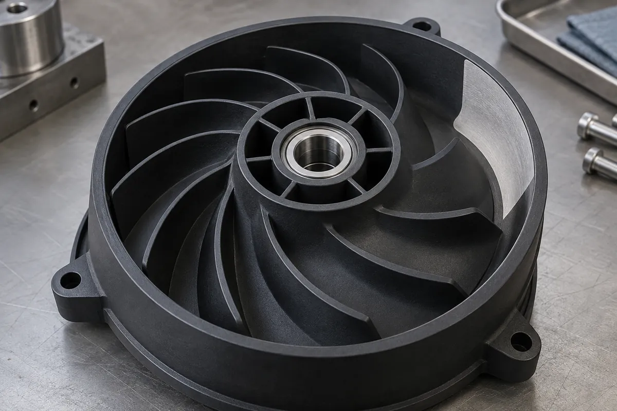 Close-up hub and corrected mass-removal area on polymer shroud