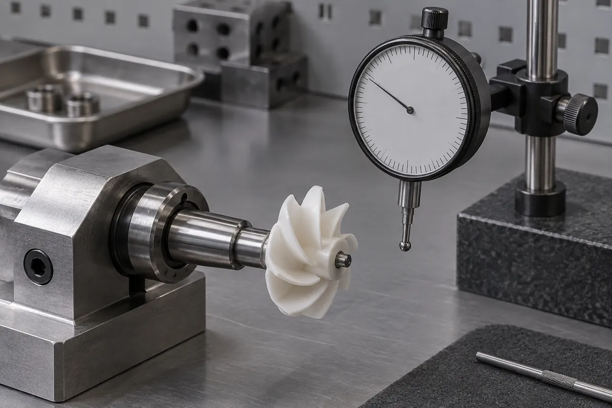 Small polymer impeller on spindle beside blank dial indicator
