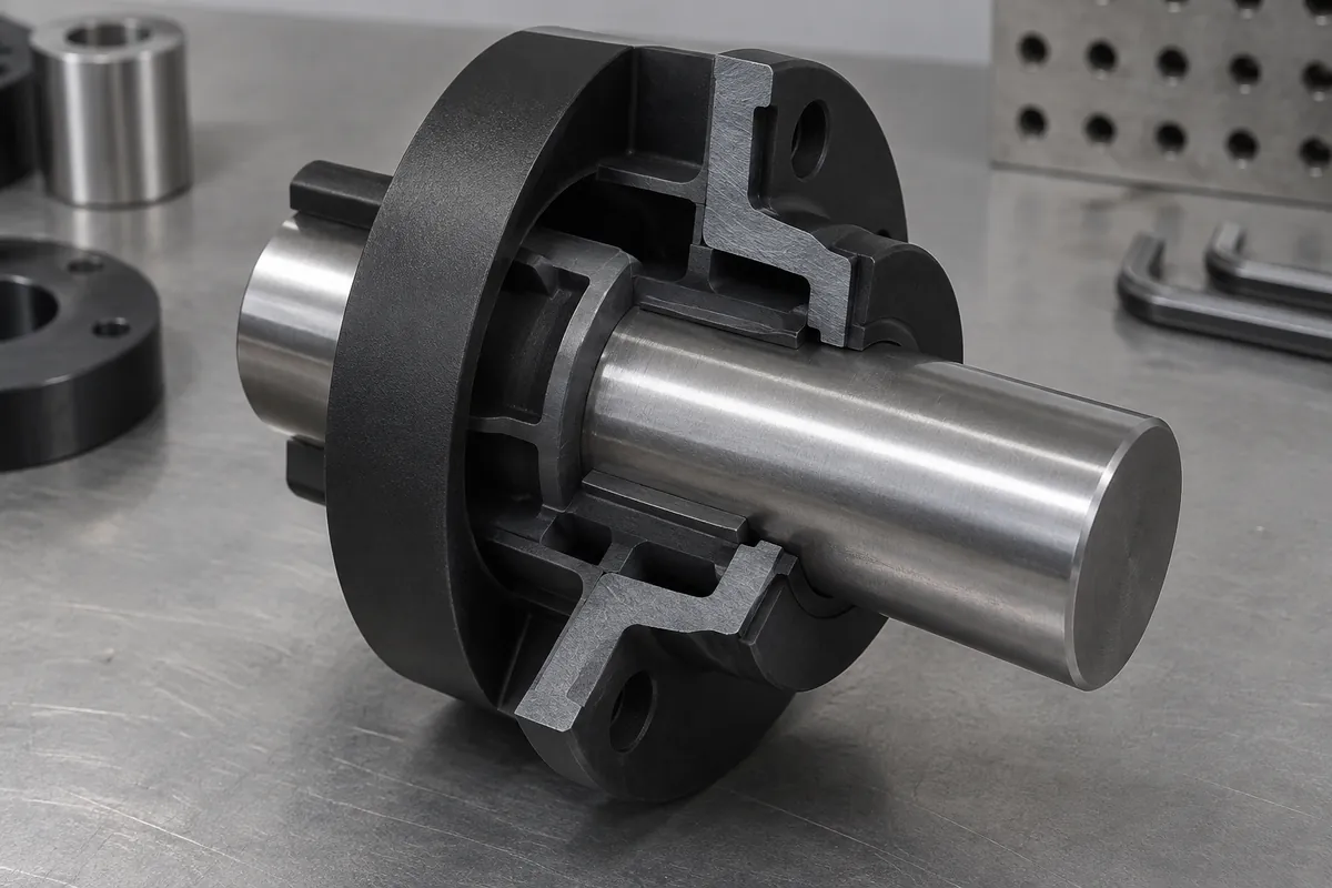 Sectioned polymer hub showing interference-fit shaft interface