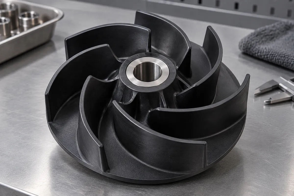 Impeller with molded-in metal hub insert and exposed shaft bore