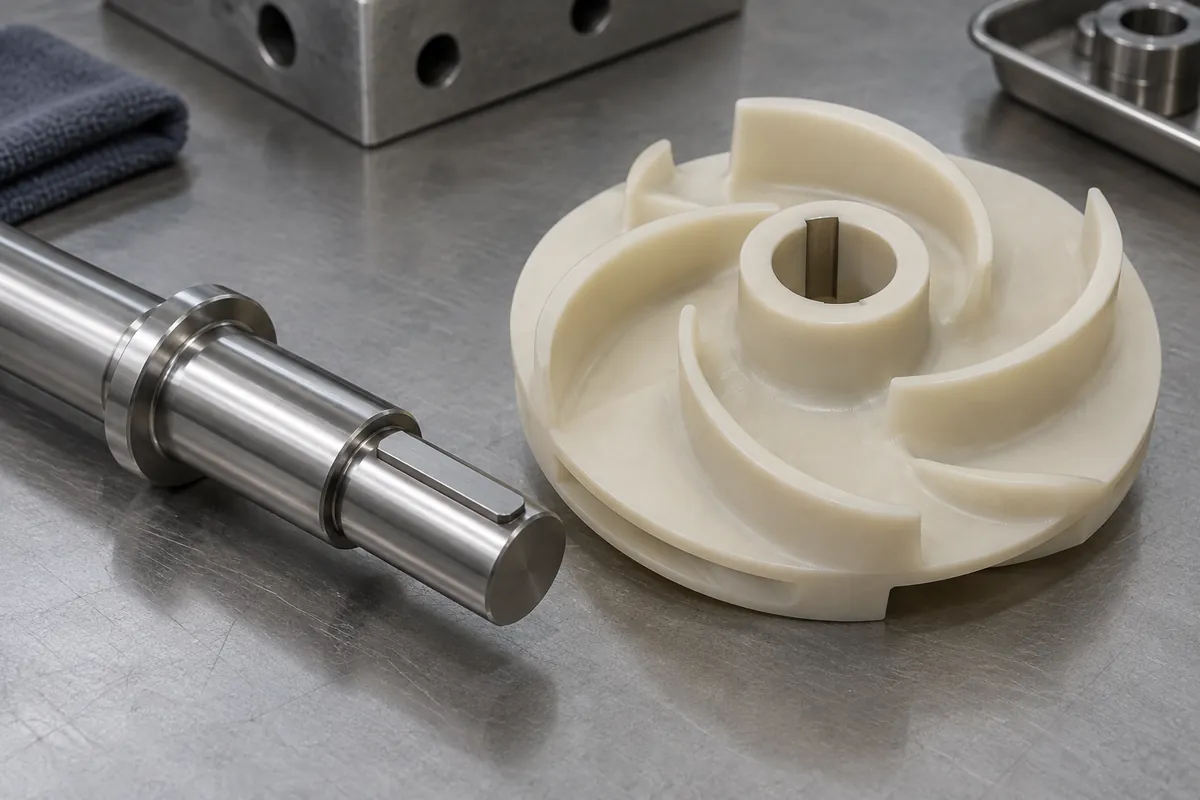 Keyed steel shaft beside matching polymer impeller bore
