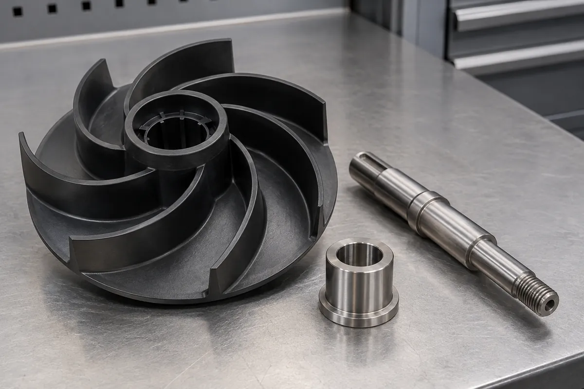 Polymer impeller hub beside separate steel shaft and metal insert