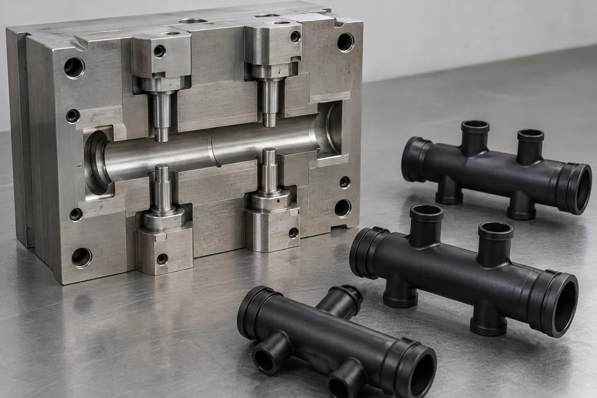 Tooling insert with channel and branch cores beside molded manifold samples