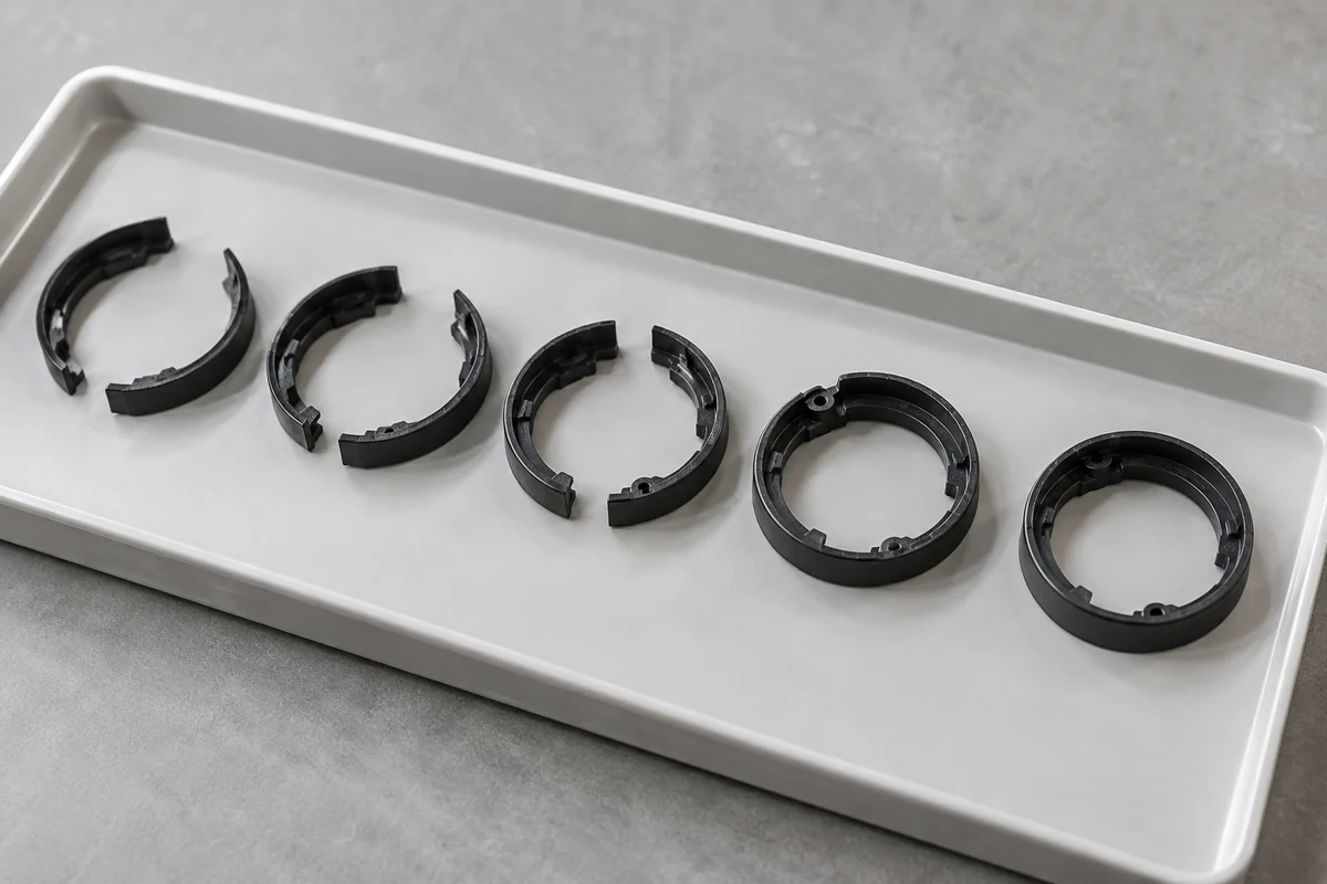 A sequence of incomplete molded port samples illustrating progressive cavity filling