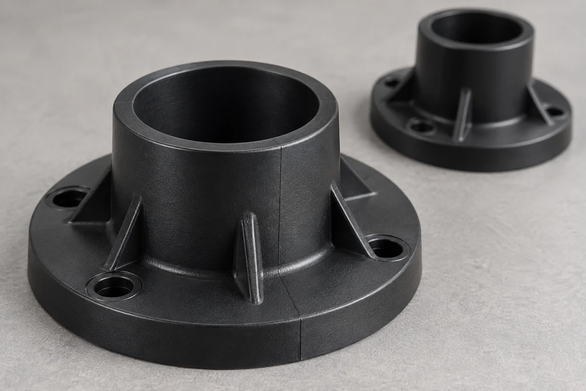 Close view of a molded port boss with a subtle surface meeting line away from its flat sealing land