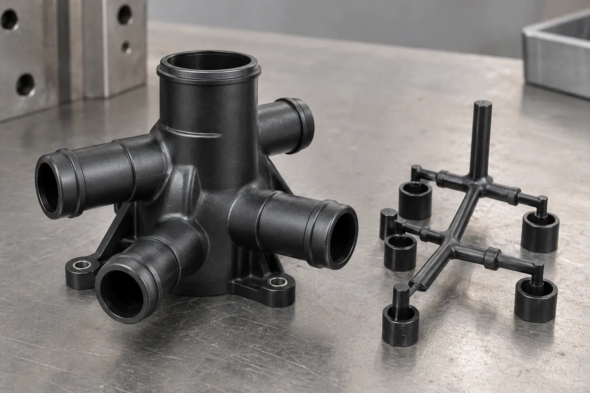 Molded black multiport manifold beside its detached runner on a toolroom bench