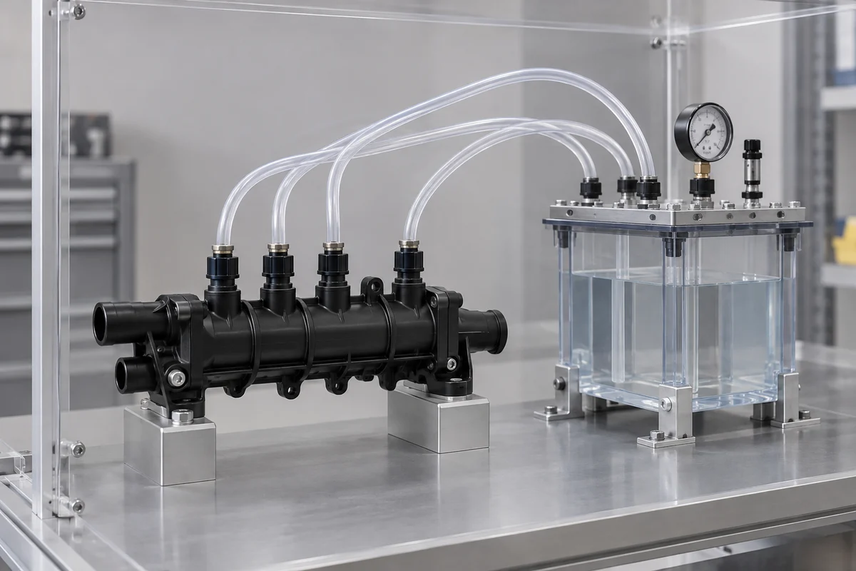 Unpressurized polymer manifold supported behind a clear protective shield with plain fluid-test tubing