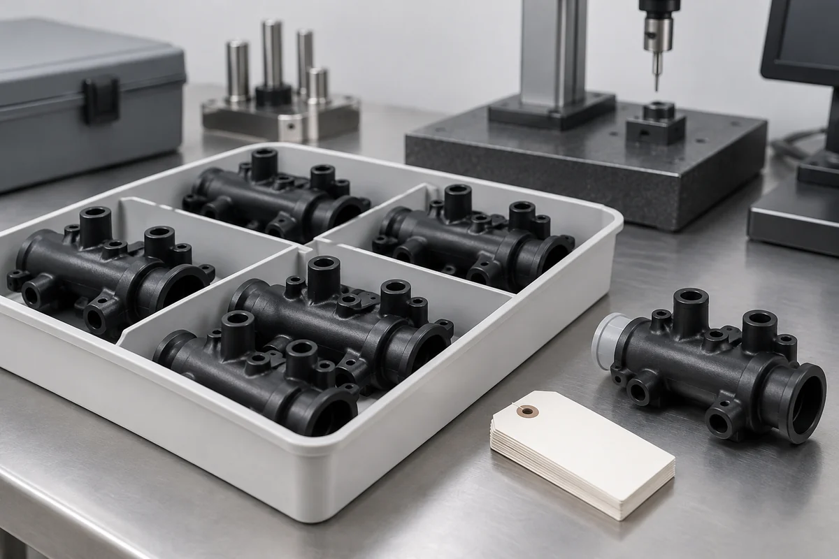Individually separated manifold samples beside blank identity tags and a capped reference part