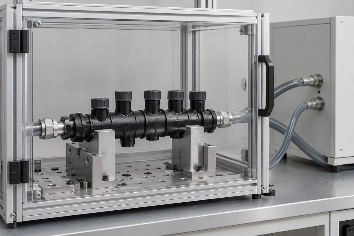 Capped molded fluid manifold in a guarded test fixture with plain hoses and an instrument enclosure