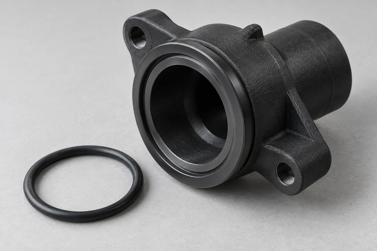 Molded annular sealing land and concentric groove with a loose elastomer ring beside the port