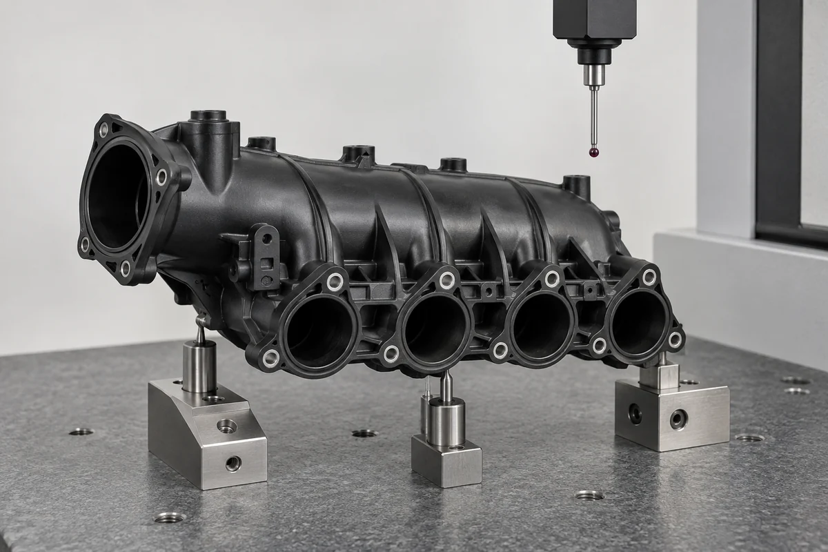 Manifold located on a fixture with datum pins and a stationary probe above its port pattern