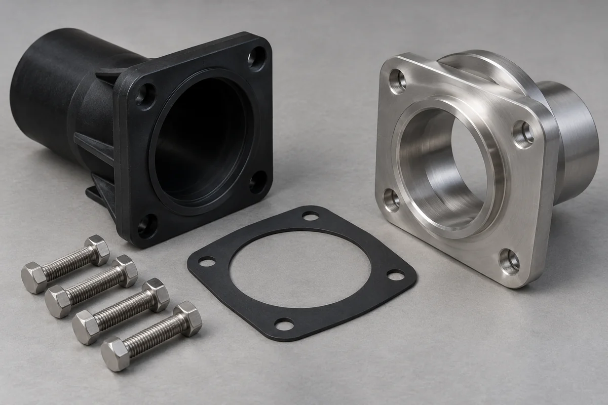 Separate molded and metal mating flanges with a gasket and loose fasteners arranged for interface review
