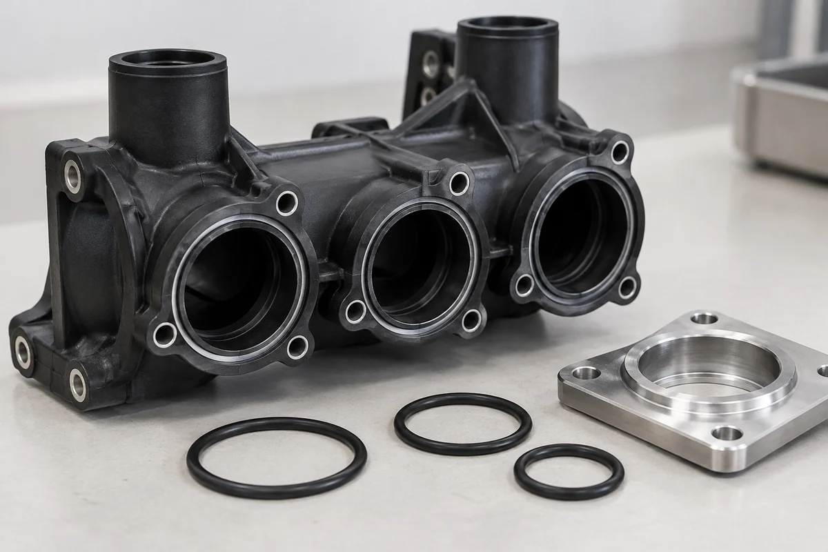 Black molded manifold face-seal ports with separate O-rings and a mating metal flange