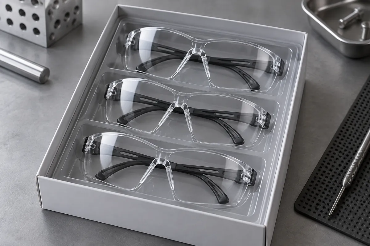 Protected clear lenses separated in clean lined packaging tray