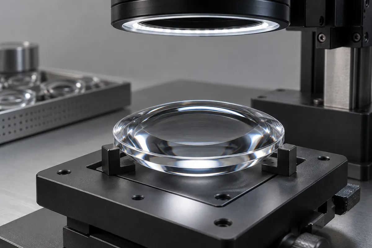 Transparent molded optical lens under controlled dark-field inspection light