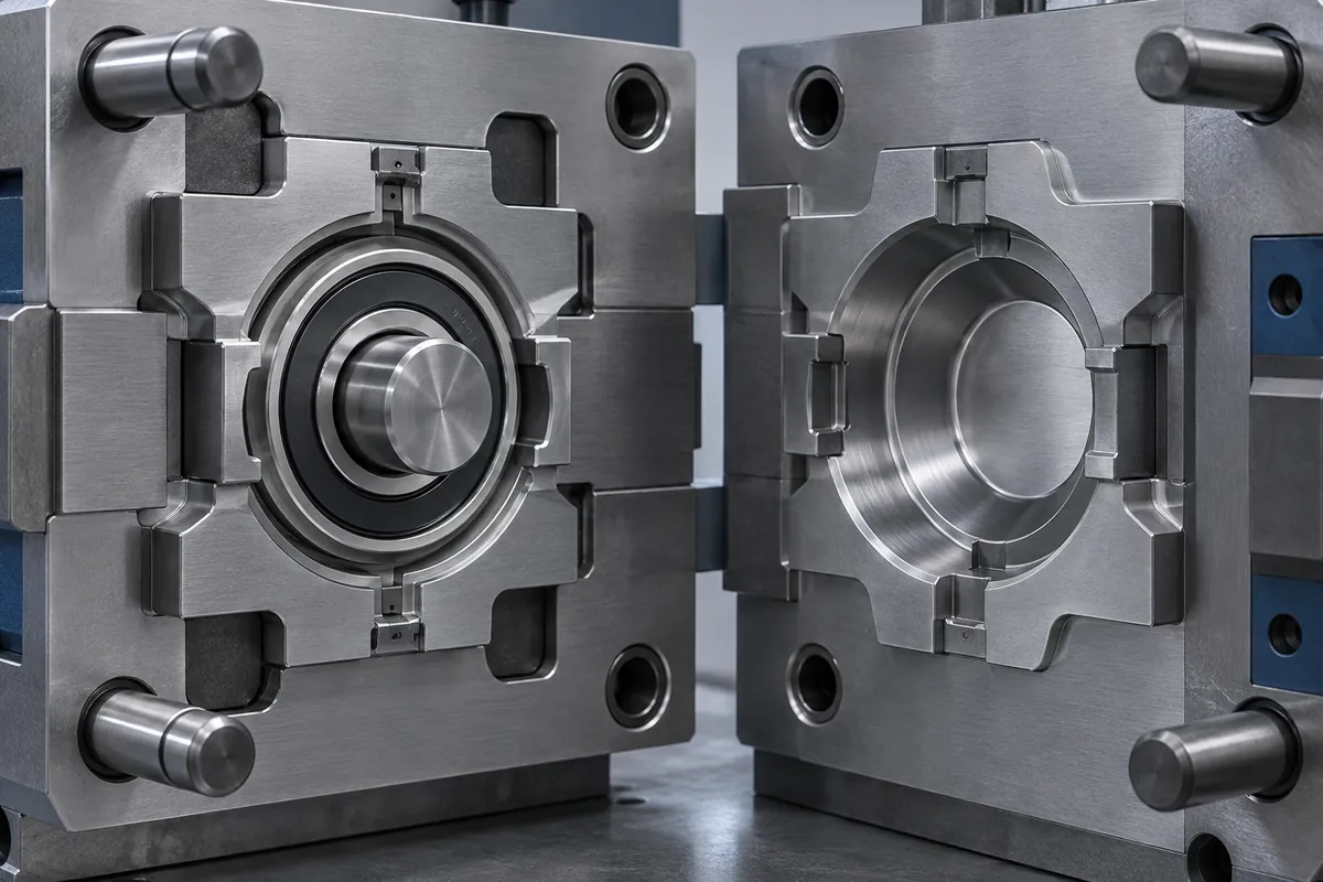 Bearing located on a central mandrel in an open circular mold cavity