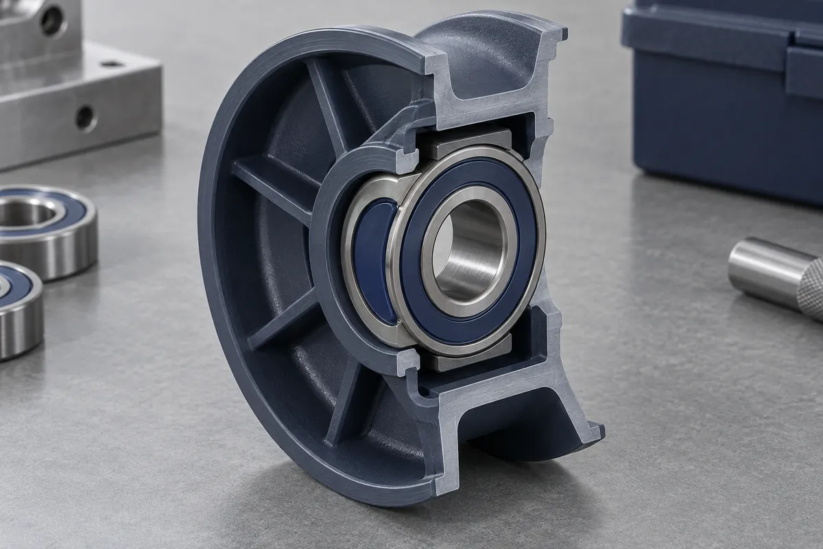 Sectioned conceptual pulley with a metal bearing enclosed by the polymer body