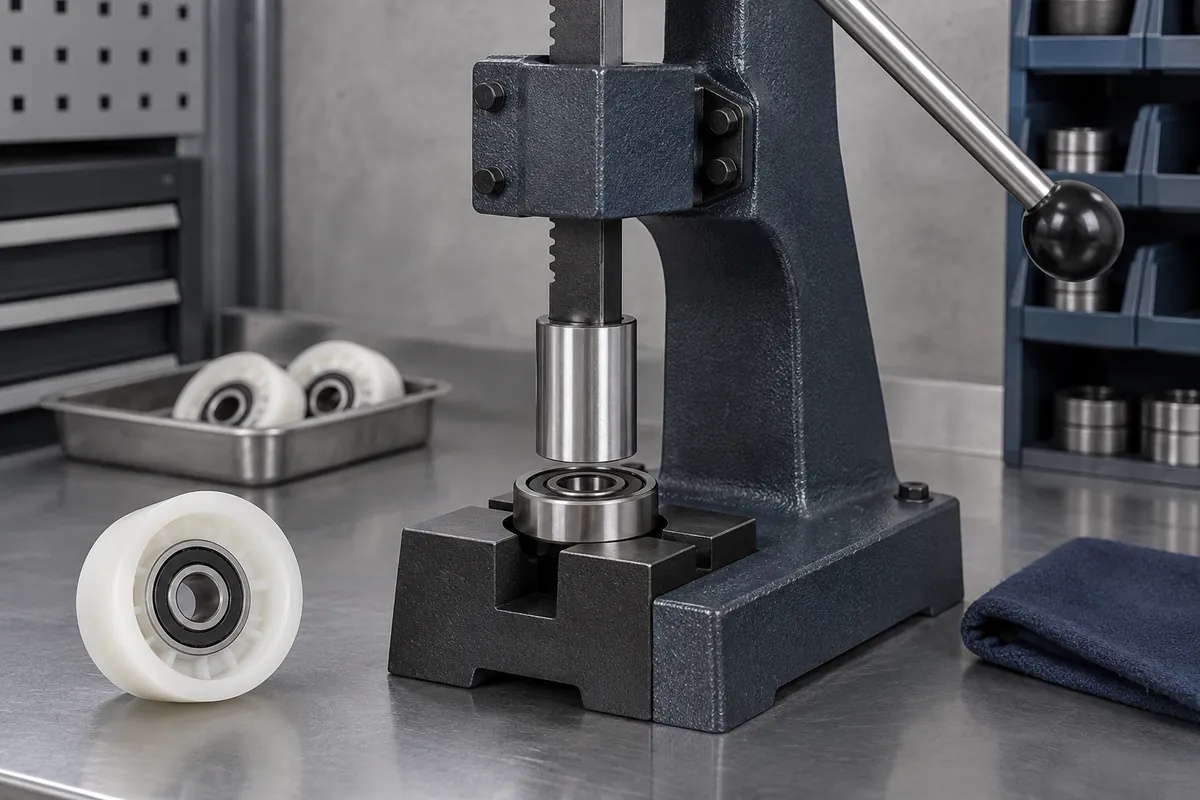 Stationary press fixture aligned with a bearing and polymer wheel