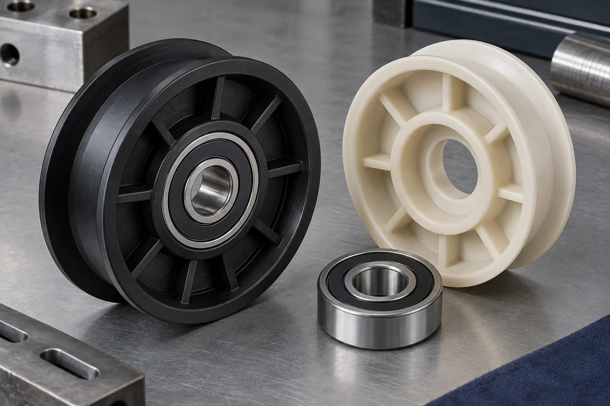 Bearing-centered molded pulley beside a separate wheel shell and sealed bearing