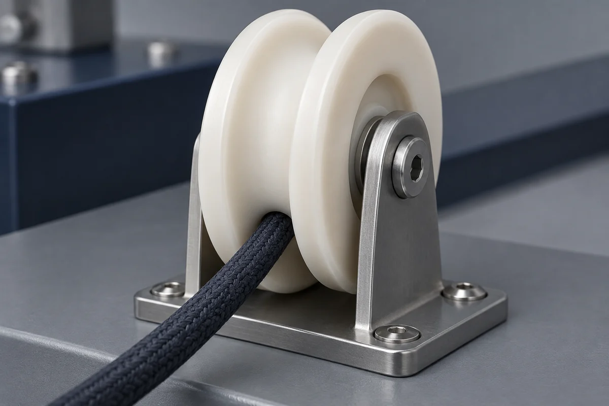 Round cord seated in an ivory U-groove wheel on a stationary bracket