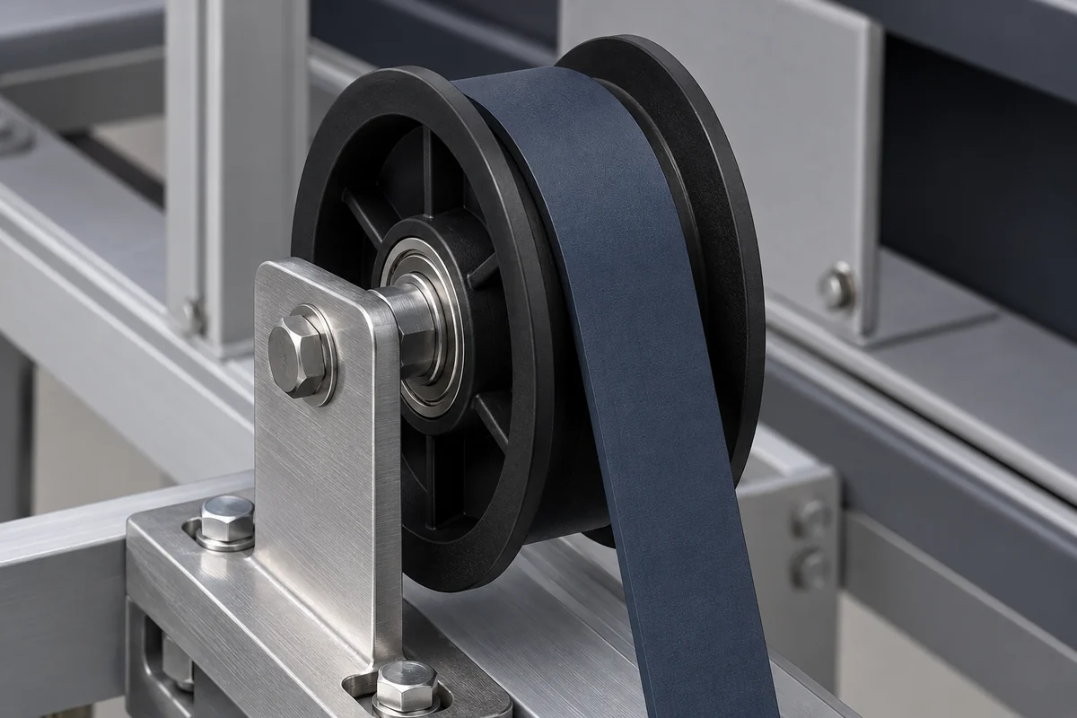 Wide flanged polymer idler in a stationary flat-belt guide arrangement