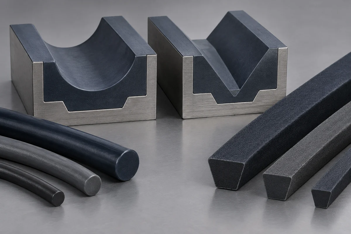 Sectioned U and V groove samples beside separate cord and belt sections